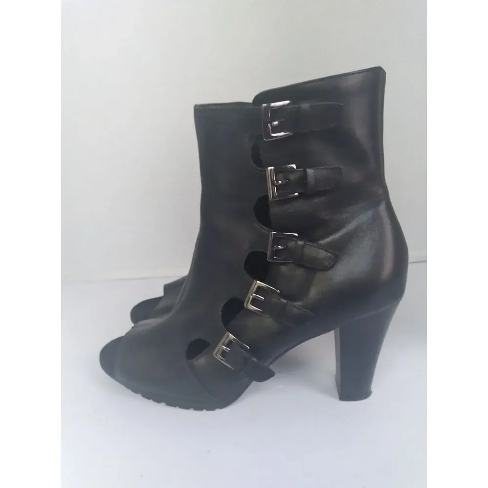 Black Leather Peep‎ Toe Multi Buckle Cutout Block Heel Ankle Boots Lug Sole